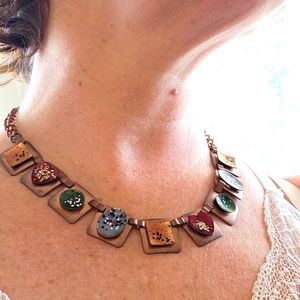 Vintage copper and enameled hearts and shapes adjustable necklace.